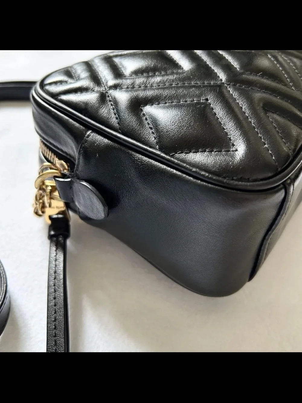 Miu Miu Black Quilted Camera Bag with Gold Chain Accent